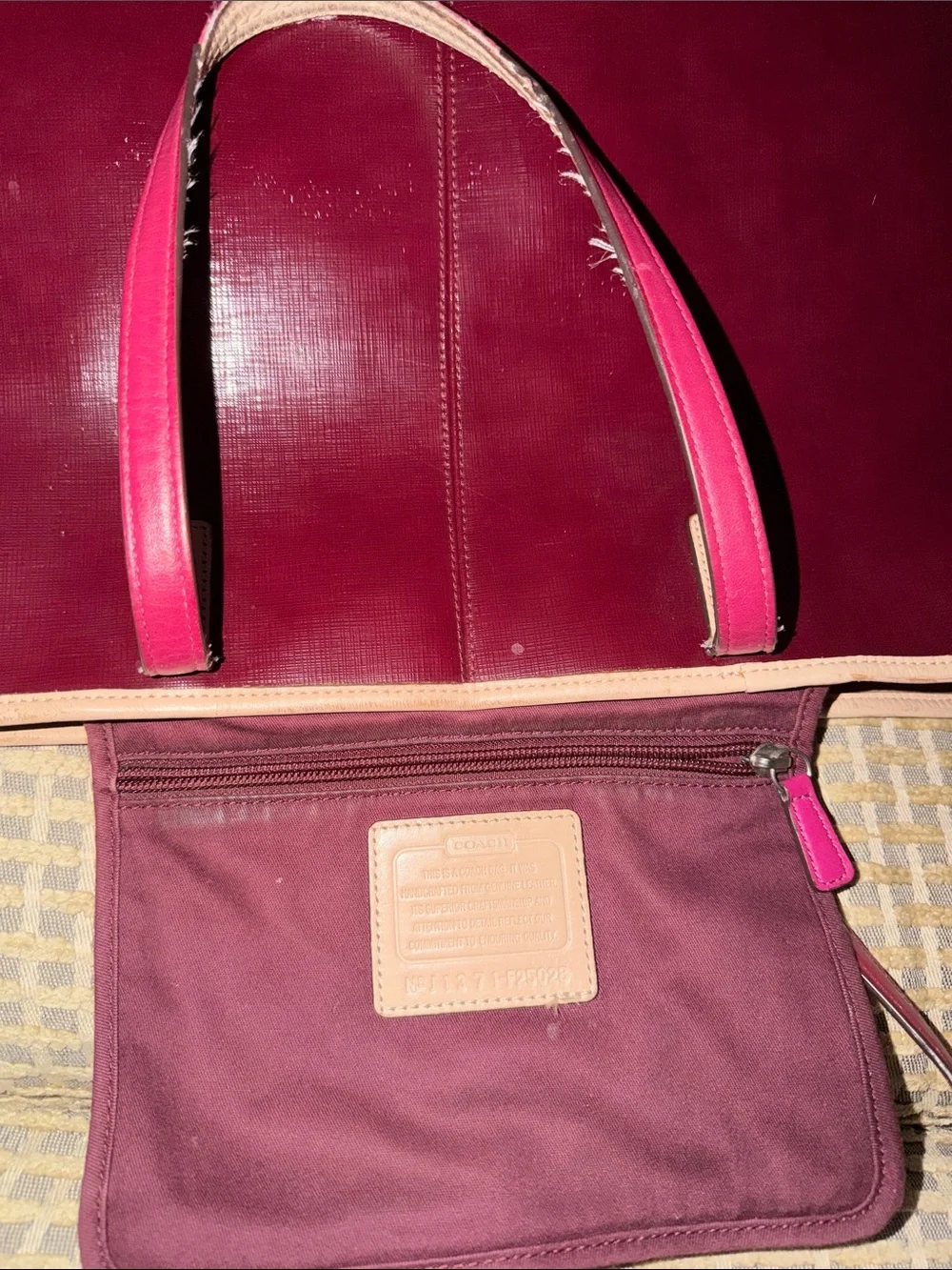 Coach Burgundy Patent Tote with Beige Trim